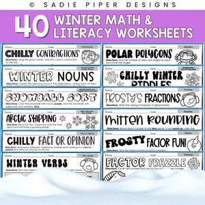Winter Math and Literacy Worksheets for 3rd Grade, NO PREP 3rd Grade Winter, sadie piper designs