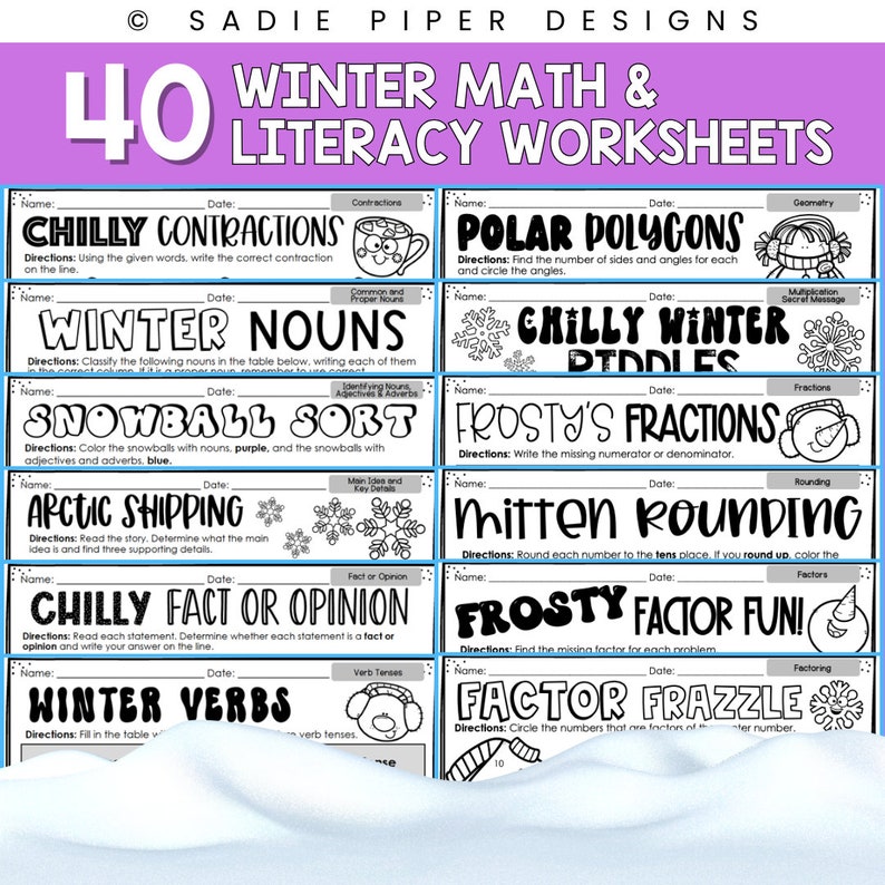 Winter Math and Literacy Worksheets for 3rd Grade, NO PREP 3rd Grade Winter, sadie piper designs
