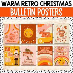 Carteles navideños retro y elegantes para tablones de anuncios, decoración navideña para las fiestas de diciembre, carteles navideños retro de los años 70 para el aula, caras sonrientes nostálgicas