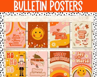 Retro Groovy Christmas Bulletin Board Posters December Holiday Christmas Decor 70s Retro Christmas Classroom Posters Smiley Face Nostalgic