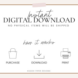 以下が含まれることがあります： ショッピングバッグ、ダウンロード矢印、プリンターアイコンのインスタントデジタルダウンロードグラフィック。テキストは「インスタントデジタルダウンロード 物理的なアイテムは発送されません 動作方法 購入 ダウンロード 印刷」と表示されています。