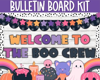 Bright Rainbow Halloween Bulletin Board Kit, Witchy Cat October Door Decor, Whimsical Spooky Bulletin Board, Bright Neon Autumn Decor