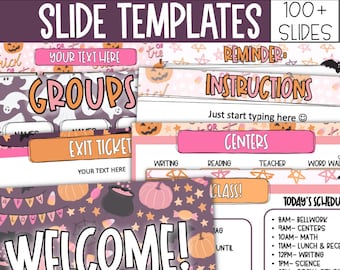 Op de afbeelding: Een set van meer dan 100 Halloween-thema Google Slides-sjablonen voor docenten. De dia's bevatten een verscheidenheid aan schattige griezelige ontwerpen, waaronder pompoenen, geesten, vleermuizen en maïs snoepjes. De dia's zijn perfect om boeiende en interactieve lessen te creëren voor leerlingen van alle leeftijden.
