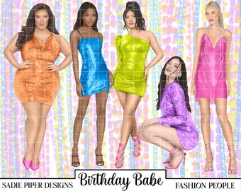 Könnte beinhalten: Illustration von fünf Frauen in Paillettenkleidern. Die Kleider sind orange, blau, grün, lila und rosa. Der Text "Birthday Babe" steht unten. Die Wörter "Sadie Piper Designs" und "Fashion People" sind ebenfalls sichtbar.