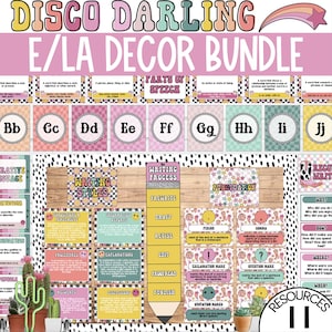 Op de afbeelding: Een kleurrijke E/LA Decor Bundle met de tekst "DISCO DARLING" en "E/LA DECOR BUNDLE". De bundel bevat alfabetletters, woordsoorten, schrijfstijlen, interpunctie en het schrijfproces. Het ontwerp heeft een retro esthetiek.