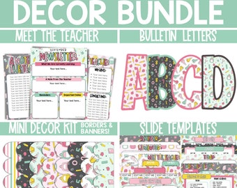 May include: A printable school decor bundle with a green and pink color scheme. The bundle includes a teacher newsletter template, bulletin board letters, mini decor kit, borders and banners, and slide templates. The letters are decorated with a school-themed pattern.