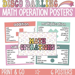 Retro Disco Cowgirl Matematikoperationsposters, Matematiksymbolposter, Matematiknyckelordposters, Matematikordproblem, Matematikproblemlösning