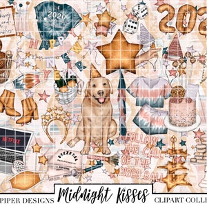 MIDNIGHT KISSES, Sylwester Clipart, Impreza Clipart, Złoty Brokat Clipart, wyrafinowana impreza, cyfrowa sztuka świętowania, koniec roku