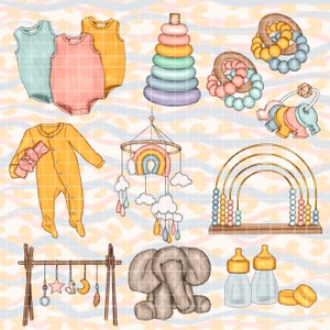 May include: A collection of baby toys, including a rainbow mobile, a wooden stacking toy, a wooden abacus, a stuffed elephant, a rattle, and two baby bottles. The toys are arranged on a white background with a light blue and yellow pattern.