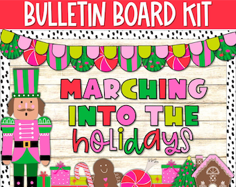 Preppy Nutcracker Christmas Bulletin Board Kit, Bright Pink Holiday Door Decor Red and Green Christmas Classroom Door Decor, Printable Kit