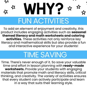 Op de afbeelding: Een blauwe en witte afbeelding met de tekst "WHY? FUN ACTIVITIES" en "TIME SAVING". De tekst legt uit hoe deze activiteiten leuk en boeiend zijn voor leerlingen en tijd besparen voor docenten.