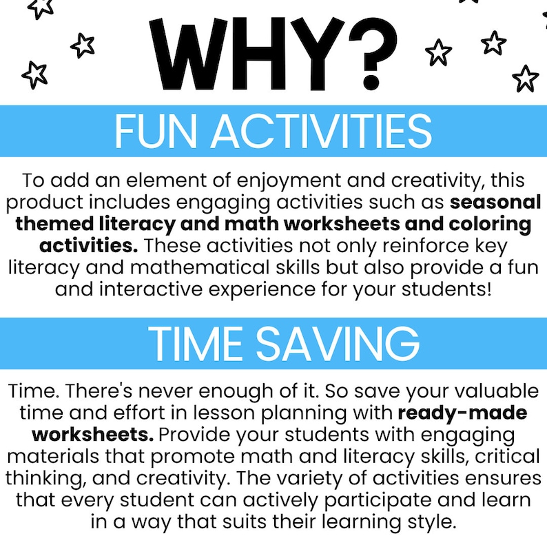 Op de afbeelding: Een blauwe en witte afbeelding met de tekst "WHY? FUN ACTIVITIES" en "TIME SAVING". De tekst legt uit hoe deze activiteiten leuk en boeiend zijn voor leerlingen en tijd besparen voor docenten.