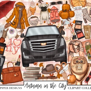 Clipart AUTUNNO in CITTÀ, Clipart di New York City, Clipart della settimana della moda di New York, Clipart di moda, Zucche autunnali autunnali, Shopping a New York Big Ci