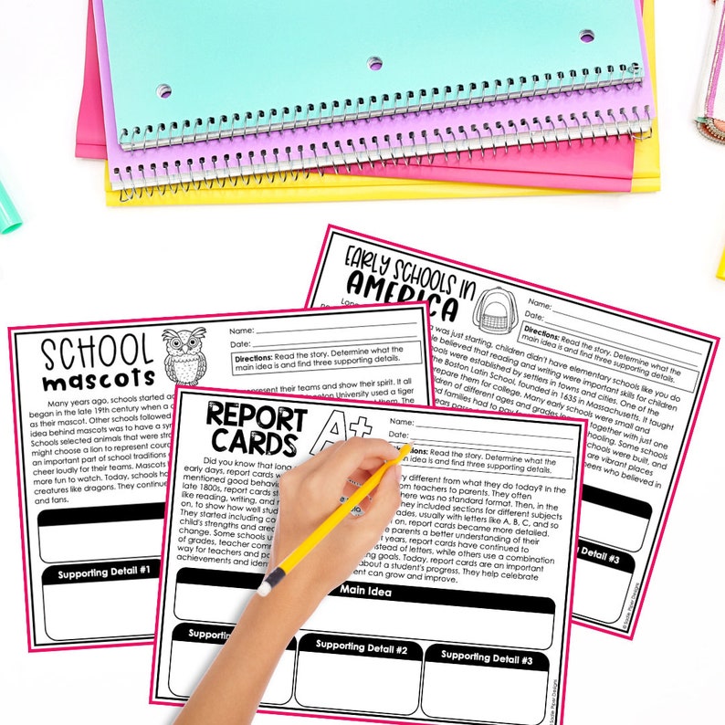 May include: Black and white printable report card template with the text "Report Cards" and "A+" in a circle. The template has sections for "Main Idea", "Supporting Detail #1", "Supporting Detail #2", and "Supporting Detail #3".