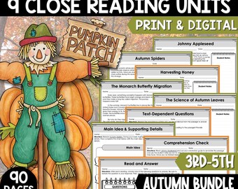 Fall Reading Comprehension Packet, 4th Grade Close Reading Activities, Autumn Reading Strategies, November Differentiated Passages 3rd grade