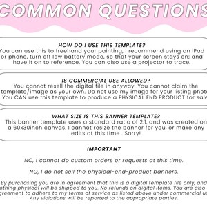 May include: A digital template with the text "COMMON QUESTIONS" in a pink banner. The template provides answers to common questions about the product, including usage instructions, commercial use permissions, and size information. The canvas size is 152x76 cm.
