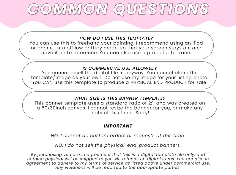 May include: A digital template with the text "COMMON QUESTIONS" in a pink banner. The template provides answers to common questions about the product, including usage instructions, commercial use permissions, and size information. The canvas size is 152x76 cm.