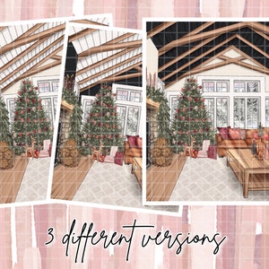 Puede incluir: Ilustraci&oacute;n de un sal&oacute;n acogedor decorado para Navidad. Un &aacute;rbol de Navidad decorado es el punto focal, con una chimenea de piedra, regalos y un sof&aacute;. La imagen tiene el texto "3 different versions" en la parte inferior.