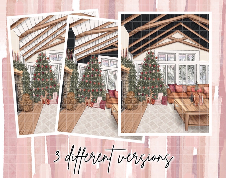 Puede incluir: Ilustraci&oacute;n de un sal&oacute;n acogedor decorado para Navidad. Un &aacute;rbol de Navidad decorado es el punto focal, con una chimenea de piedra, regalos y un sof&aacute;. La imagen tiene el texto "3 different versions" en la parte inferior.