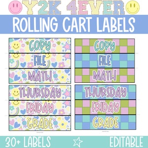 Bearbeitbare Rollwagenetiketten, Retro-Klassenzimmerdekor, Klassenzimmeretiketten, Groovy-Klassenzimmerdekor, buntes Klassenzimmerdekor - Y2K
