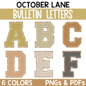 May include: Set of six alphabet letters in various colors with a glittery texture. The letters are in a varsity style font and are perfect for bulletin boards or classroom decorations.