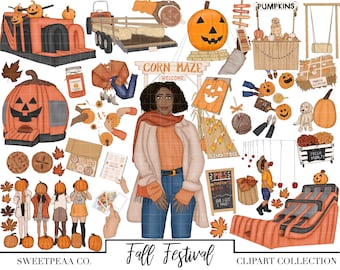 FALL FESTIVAL Clipart, Autumn Clipart, Clipart for Planner Stickers, Fashion Girl Clipart, Halloween Clipart, Hand Drawn Illustrations carni