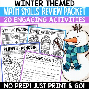 May include: A printable winter-themed math skills review packet with 20 engaging activities. The packet features worksheets with activities such as Frosty's Fractions, Flurry Multiplication, Penny the Penguin, and Comparing Numbers. The packet is designed for students to practice math skills in a fun and engaging way.