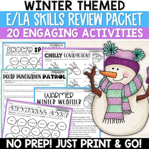 Winter Literacy Worksheets for 3rd Grade, NO PREP 3rd Grade Winter Language Arts Worksheets, ELA Packet, January 3rd Grade Review Packet