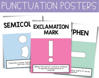 Puede incluir: Tres carteles de puntuación coloridos con las palabras "SEMICOLON", "EXCLAMATION MARK" y "HYPHEN". Cada cartel tiene un color de fondo diferente: azul claro, rosa y verde menta. Los carteles también incluyen el texto "HAPPY GO LUCKY PUNCTUATION POSTERS" y "EDIT ME OR PRINT & GO".
