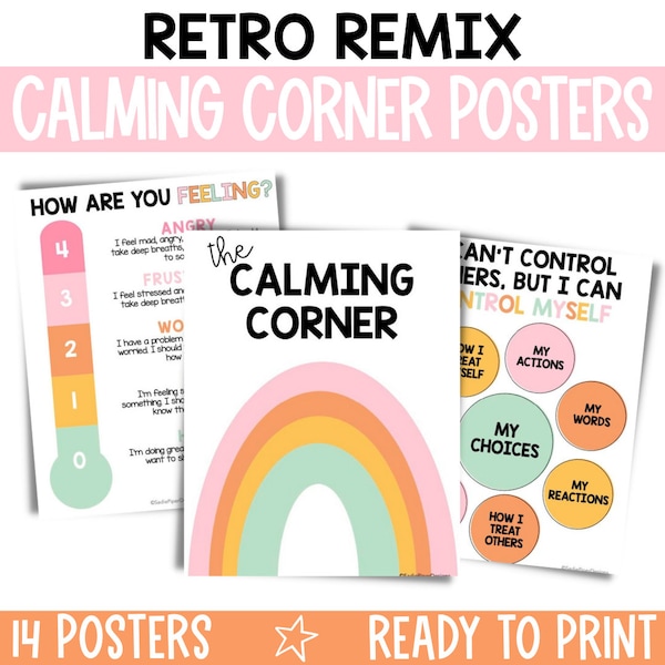 Calming Corner Classroom Retro Calm Down Printable Decor Wall Art Social Emotional Self Regulation Poster Sign, Chart Calm Corner - RTRMX