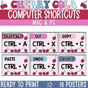 Puede incluir: Un conjunto de seis carteles de atajos de teclado con temática de cereza y cola. Cada cartel presenta un comando como "Cortar" y su atajo de teclado, como "Ctrl + X". Listos para imprimir, para Mac y PC.