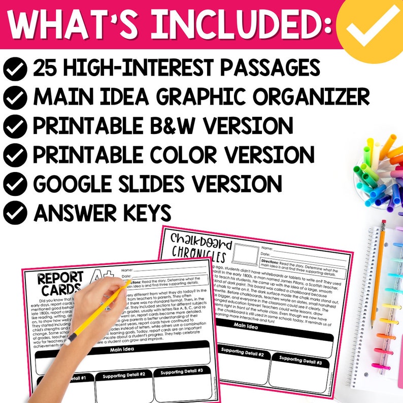 May include: A printable worksheet for students to practice identifying the main idea and supporting details of a reading passage. The worksheet features a graphic organizer with sections for the main idea, supporting detail 1, supporting detail 2, and supporting detail 3. The worksheet is titled "Chalkboard Chronicles".