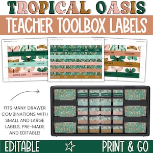 Bearbeitbare Tropische Lehrer-Toolbox-Etiketten, modernes Boho-Klassenzimmerdekor, Pflanzen-Klassenzimmer-Design, Pflanzen-Klassenzimmer-Veranstalter