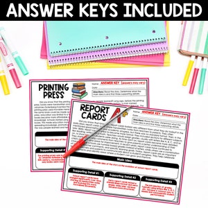 May include: Two printable worksheets with answer keys for a lesson on the history of report cards. The worksheets feature colorful illustrations and text that reads "Printing Press" and "Report Cards".