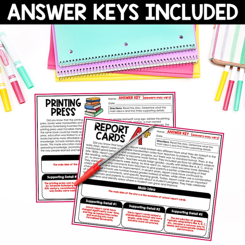 May include: Two printable worksheets with answer keys for a lesson on the history of report cards. The worksheets feature colorful illustrations and text that reads "Printing Press" and "Report Cards".