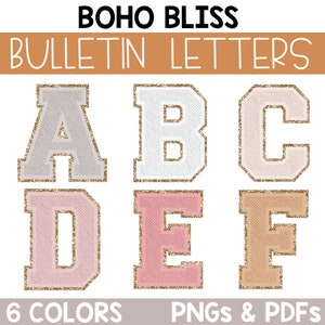 Cartas del tablón de anuncios de Boho Neutral Varsity, imágenes prediseñadas de letras, cartas de tablón de anuncios imprimibles, paquete de letras para tablones de anuncios, parche Png