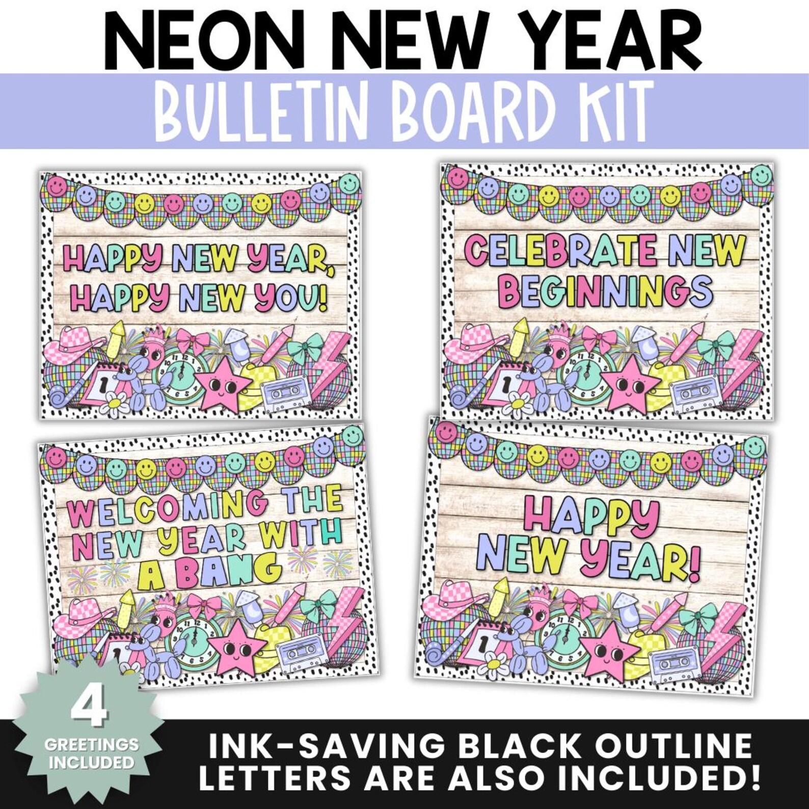 Neon New Year Bulletin Board Bright Colorful Classroom Decor Groovy ...