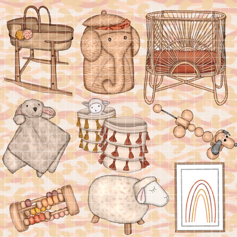 May include: A collection of nursery decor items in a boho style, including a woven bassinet, a stuffed animal, a toy elephant storage bin, a wooden abacus, a wooden toy dog, a sheep toy, and a framed print with a rainbow design.