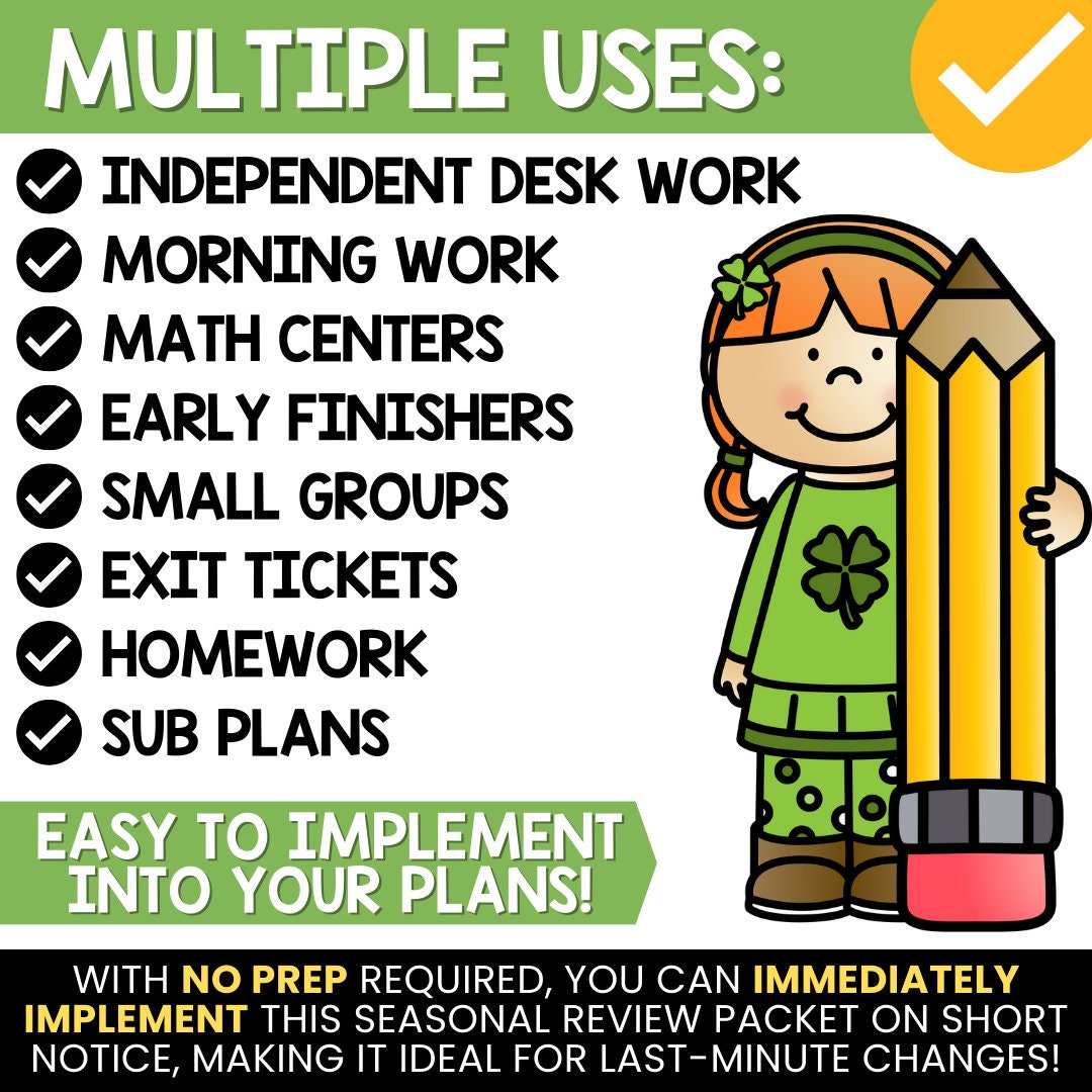 St. Patrick's Math Worksheets for 3rd Grade, NO PREP 3rd Grade March ...