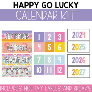 Puede incluir: Un kit de calendario colorido con las palabras "Happy Go Lucky Calendar Kit" en la parte superior. El kit incluye encabezados de mes para septiembre, octubre, noviembre y diciembre, así como tarjetas numeradas del 1 al 12 y tarjetas de año para 2024-2027. El kit también incluye el texto "Includes Holiday Labels and Breaks".