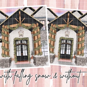 Puede incluir: Ilustraci&oacute;n de la entrada de una casa con puerta negra, ladrillo blanco y detalles en piedra. La entrada est&aacute; decorada con vegetaci&oacute;n y luces. La imagen incluye el texto "with falling snow & without".