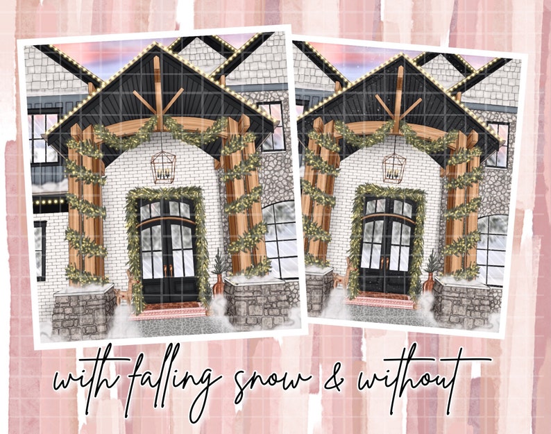 Puede incluir: Ilustraci&oacute;n de la entrada de una casa con puerta negra, ladrillo blanco y detalles en piedra. La entrada est&aacute; decorada con vegetaci&oacute;n y luces. La imagen incluye el texto "with falling snow & without".