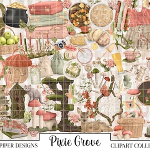 Puede incluir: Una colección de imágenes digitales con ilustraciones caprichosas de un bosque de hadas, que incluye una casa de setas, un aterrizaje de mariposas, un cruce de hadas, un ciervo, una casita de pájaros, una taza de té, un libro, un arpa, un caldero, una maleta, una cámara, una cúpula de cristal, una cesta de setas y un cartel que dice "Pixie Grove Enchanted Forest".