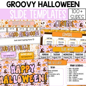 かっこいいハロウィーンのスライド テンプレート、レトロなハロウィーンの Google スライド、ハロウィーンの教室の装飾、教室用のスライド テンプレート