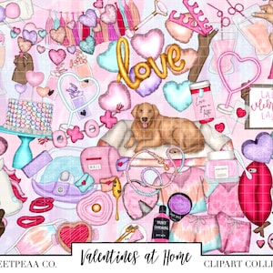 VALENTINES AT HOME, Galentines Day Clipart, Anniversary Clipart, February Clipart, Love, Romance, Romantic, Conversation Hearts, Date Night