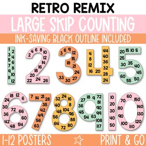 May include: A set of ten colorful printable posters featuring large numbers 1 through 10 with skip counting sequences. The posters have a retro design with black outlines and are labeled "1-12 Posters" and "Print & Go".