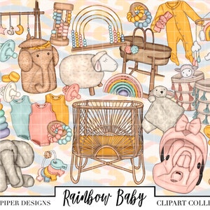 May include: A collection of rainbow baby themed clipart featuring a crib, a rocking horse, a baby elephant, a baby mobile, a rattle, a stacking toy, a baby outfit, a pacifier, a baby blanket, and a baby carrier. The clipart is perfect for creating invitations, cards, and other crafts.