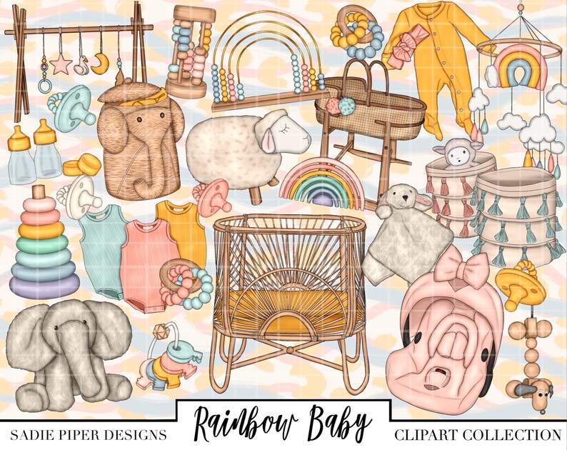 May include: A collection of rainbow baby themed clipart featuring a crib, a rocking horse, a baby elephant, a baby mobile, a rattle, a stacking toy, a baby outfit, a pacifier, a baby blanket, and a baby carrier. The clipart is perfect for creating invitations, cards, and other crafts.