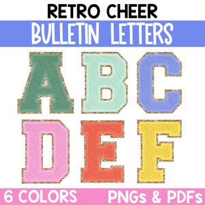 May include: Six colorful felt letters with gold glitter trim, spelling out "ABCDEF". The letters are in a retro cheer style, perfect for bulletin boards or classroom decorations.