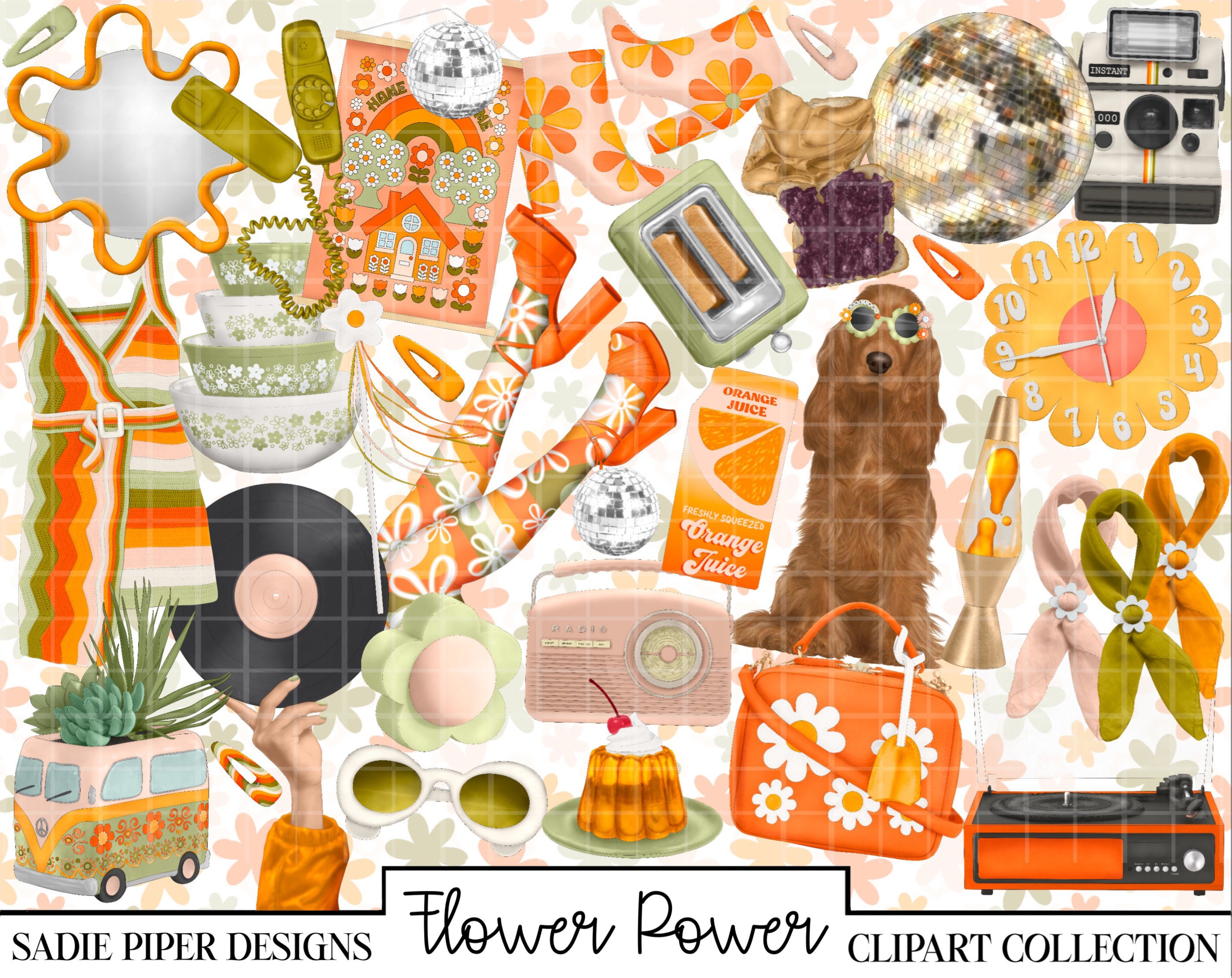 Flower Power Clipart, Retro Clipart, Groovy Clipart, Retro Groovy Clipart, 70s Clipart, 60s Clipart, Bright Nostalgic Clipart